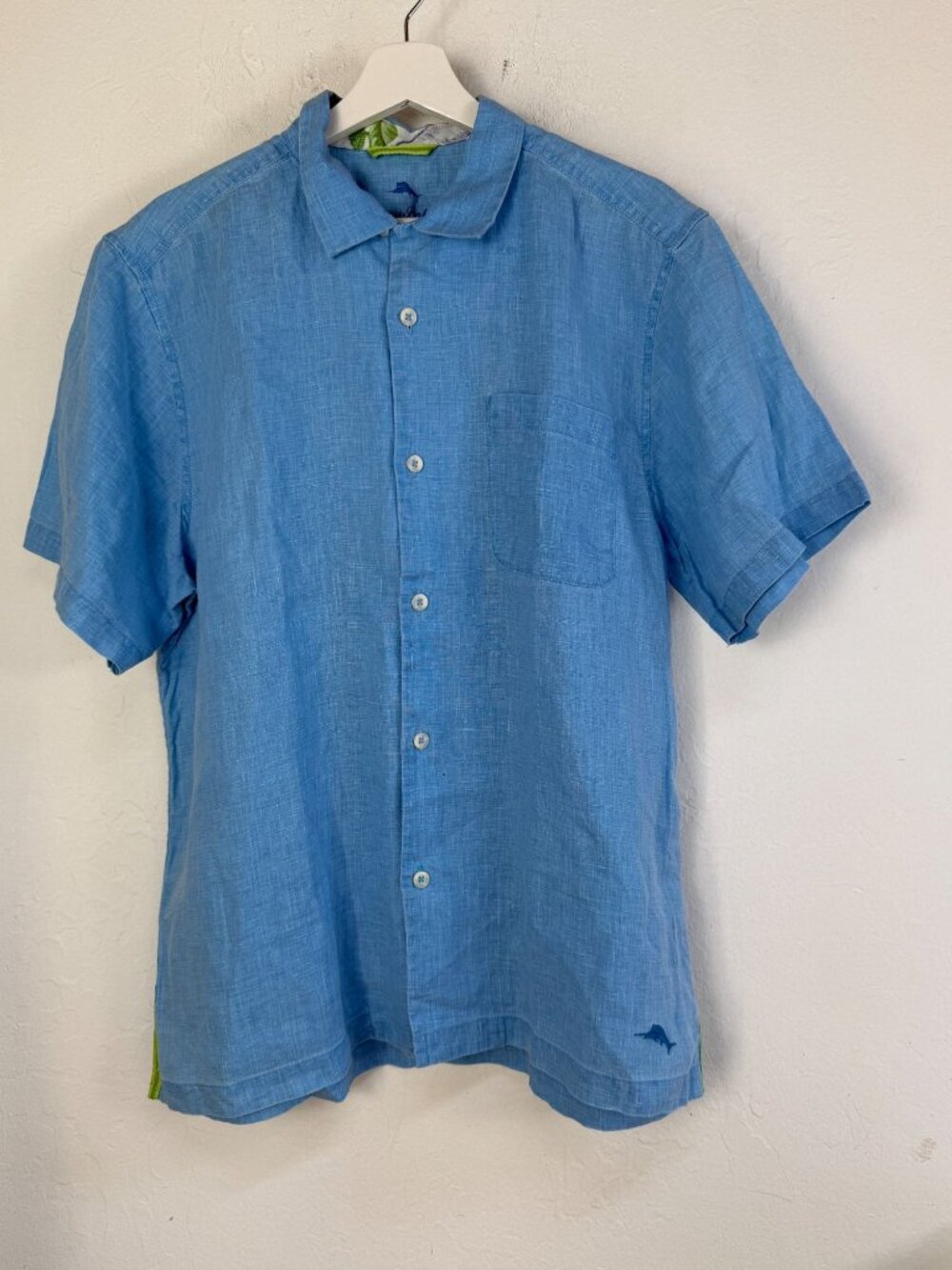 Tommy Bahama Men Blue Linen Short Sleeve Button Up Camp Shirt Medium Casual NWOT